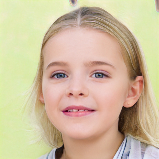 Joyful white child female with medium  brown hair and blue eyes