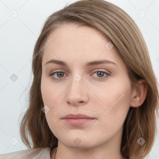 Neutral white young-adult female with medium  brown hair and grey eyes