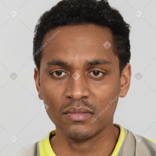 Neutral black adult male with short  black hair and brown eyes