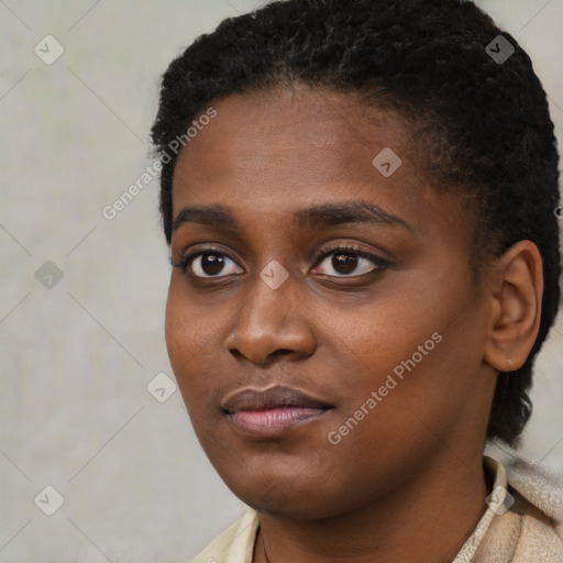 Neutral black young-adult female with short  black hair and brown eyes