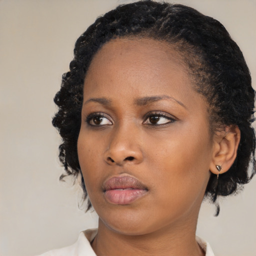 Neutral black young-adult female with medium  black hair and brown eyes