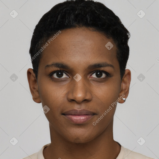 Joyful black young-adult female with short  brown hair and brown eyes