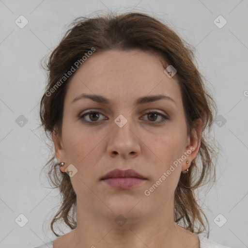 Neutral white young-adult female with medium  brown hair and brown eyes