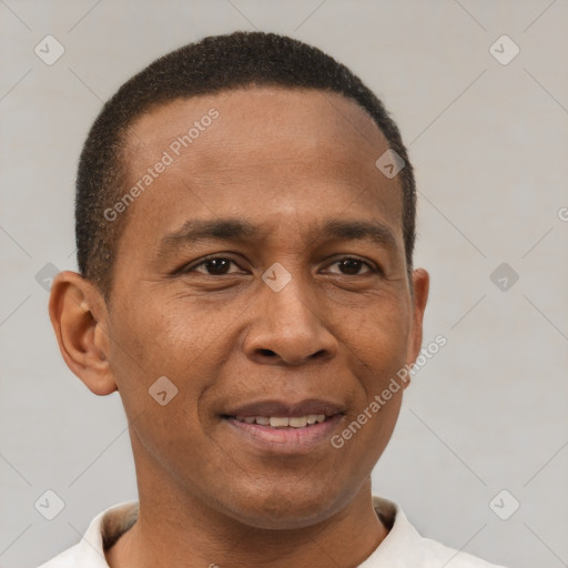 Joyful latino young-adult male with short  brown hair and brown eyes