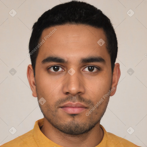 Neutral latino young-adult male with short  black hair and brown eyes