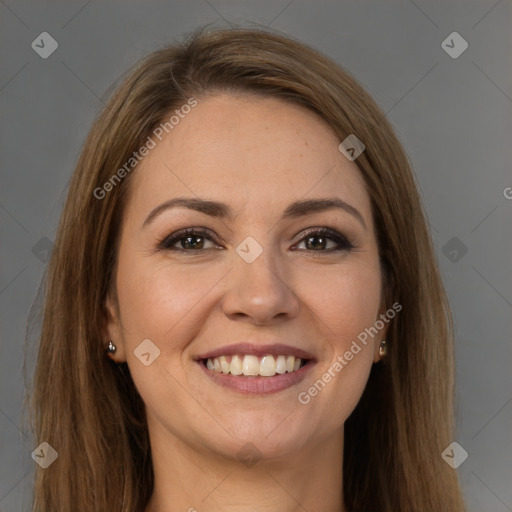 Joyful white young-adult female with long  brown hair and brown eyes