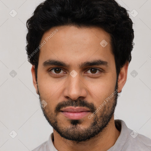 Neutral latino young-adult male with short  black hair and brown eyes