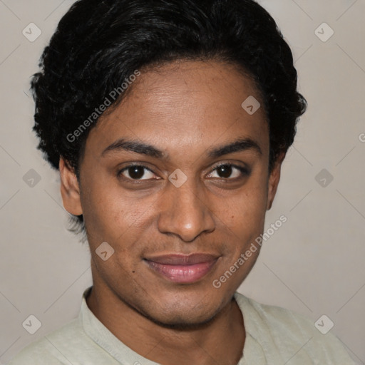 Joyful latino young-adult female with short  black hair and brown eyes