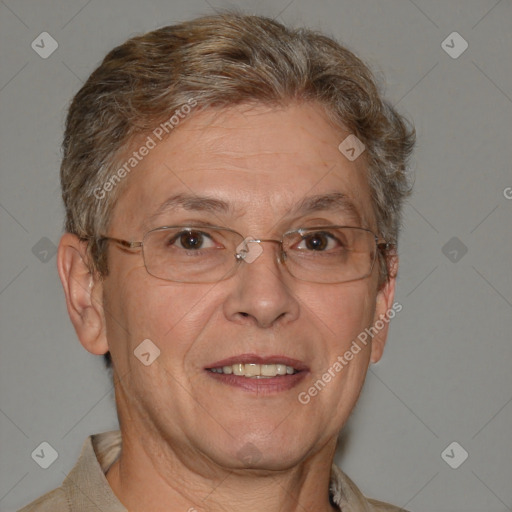 Joyful white middle-aged male with short  brown hair and brown eyes