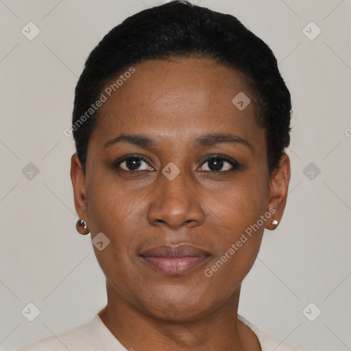 Joyful black young-adult female with short  black hair and brown eyes