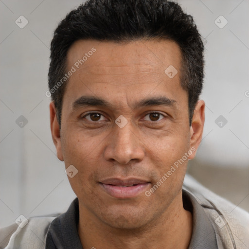 Joyful asian adult male with short  black hair and brown eyes