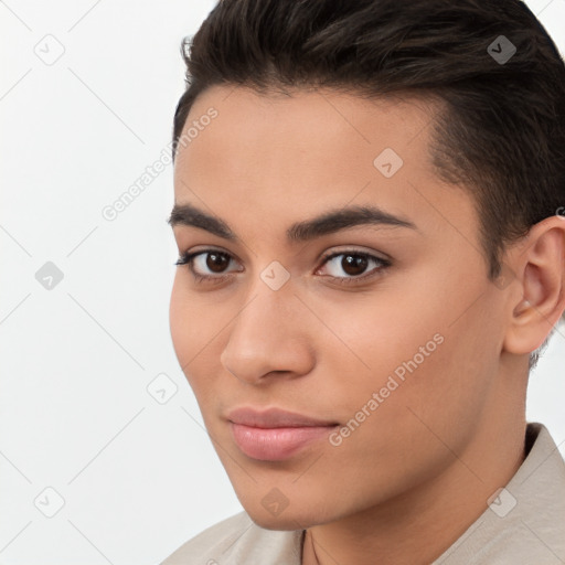 Neutral white young-adult female with short  brown hair and brown eyes