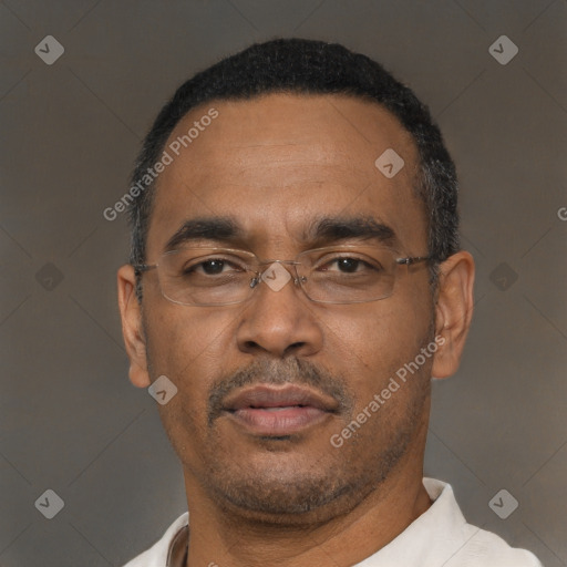 Neutral black adult male with short  black hair and brown eyes