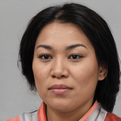 Joyful asian young-adult female with medium  black hair and brown eyes