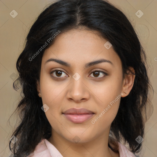 Joyful latino young-adult female with long  brown hair and brown eyes