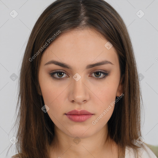 Neutral white young-adult female with long  brown hair and brown eyes