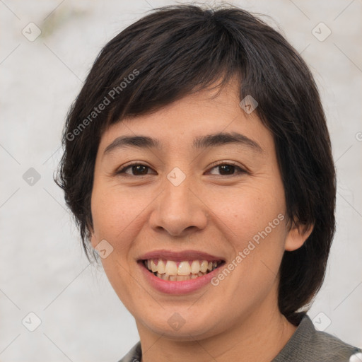 Joyful white young-adult female with medium  brown hair and brown eyes