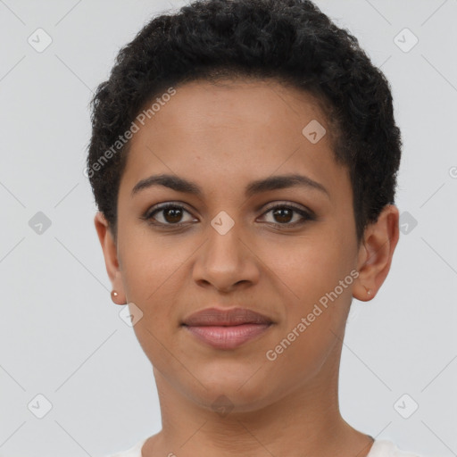 Joyful latino young-adult female with short  brown hair and brown eyes