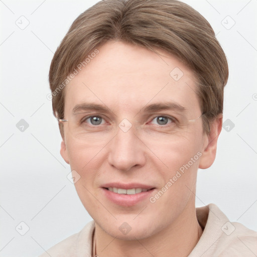 Joyful white young-adult female with short  brown hair and grey eyes