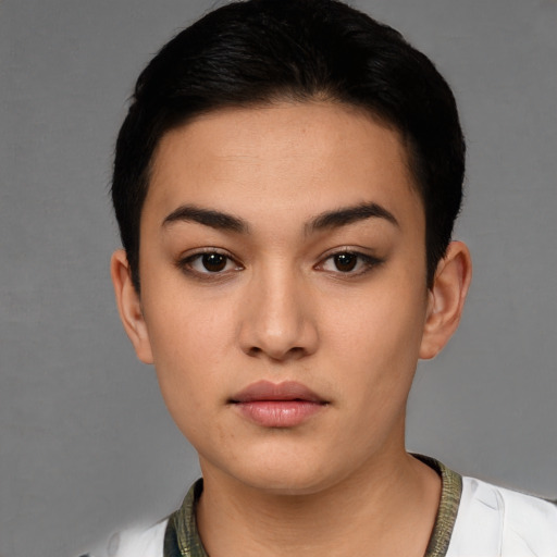 Neutral white young-adult female with short  black hair and brown eyes