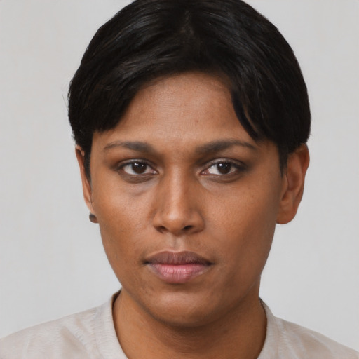 Neutral asian young-adult female with short  black hair and brown eyes