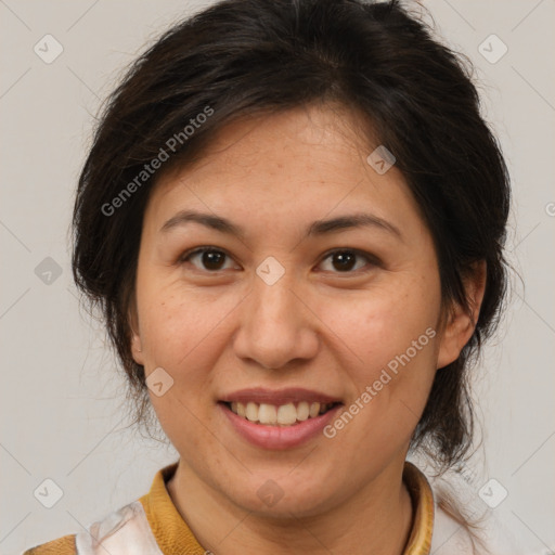 Joyful white adult female with medium  brown hair and brown eyes