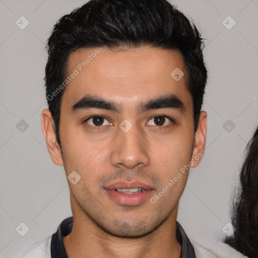 Neutral latino young-adult male with short  brown hair and brown eyes