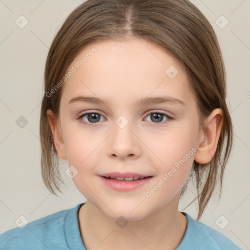 Joyful white child female with medium  brown hair and brown eyes