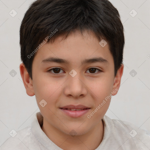 Joyful white child male with short  brown hair and brown eyes