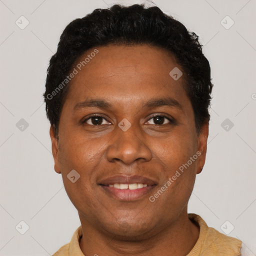 Joyful black adult male with short  black hair and brown eyes