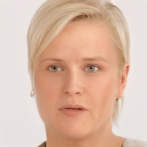 Joyful white young-adult female with medium  blond hair and blue eyes