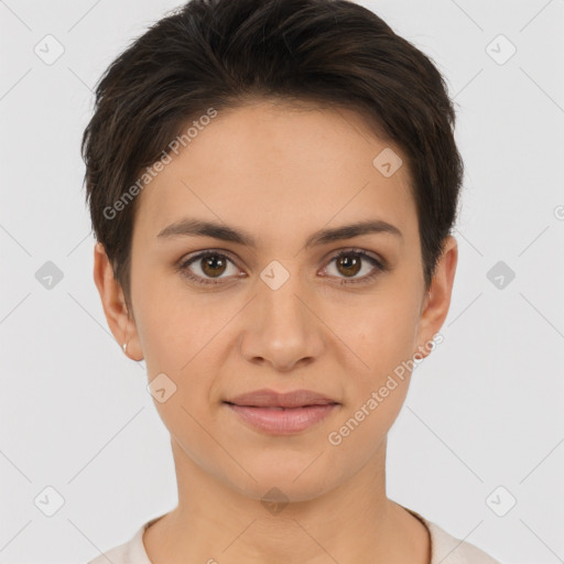 Joyful white young-adult female with short  brown hair and brown eyes