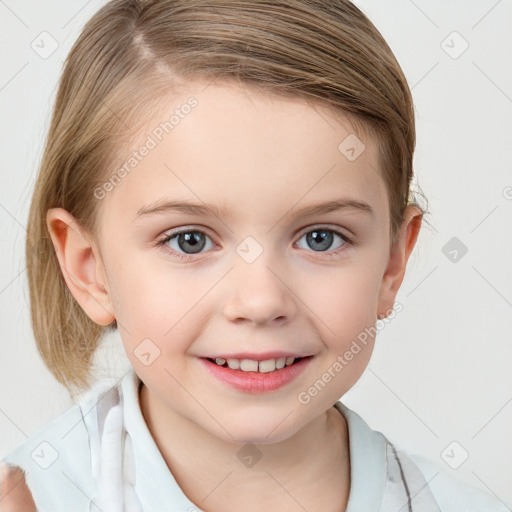 Joyful white child female with medium  brown hair and blue eyes