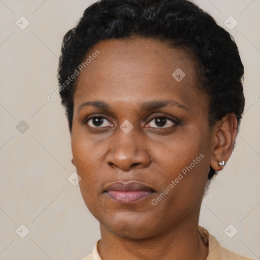 Joyful black adult female with short  brown hair and brown eyes