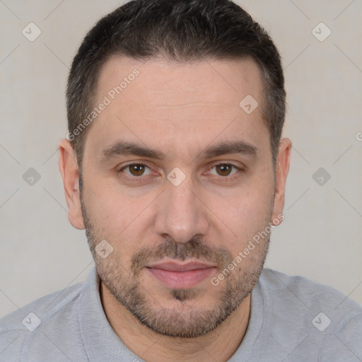 Neutral white young-adult male with short  brown hair and brown eyes