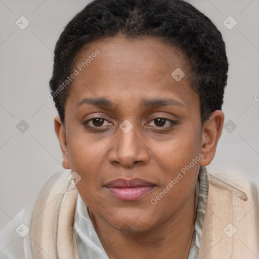 Joyful black young-adult female with short  brown hair and brown eyes