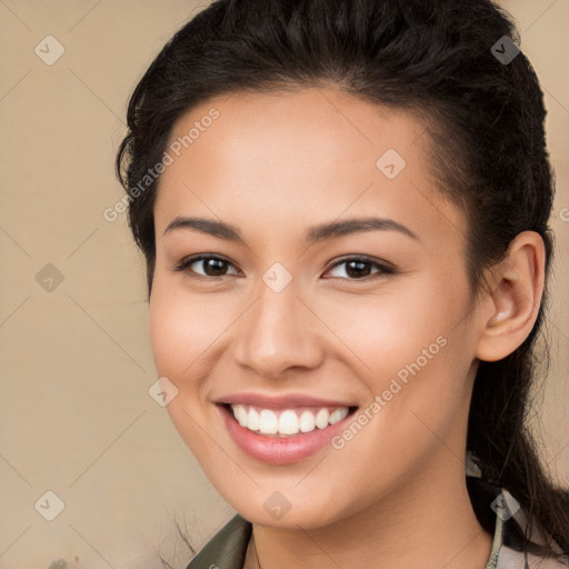 Joyful white young-adult female with long  brown hair and brown eyes