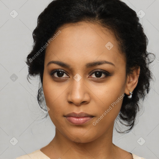 Joyful latino young-adult female with medium  black hair and brown eyes