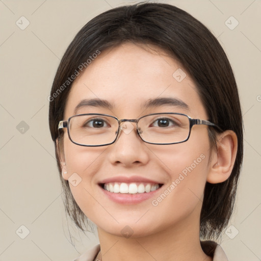 Joyful white young-adult female with medium  brown hair and brown eyes