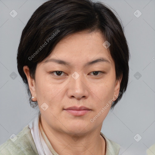 Neutral asian young-adult female with medium  brown hair and brown eyes