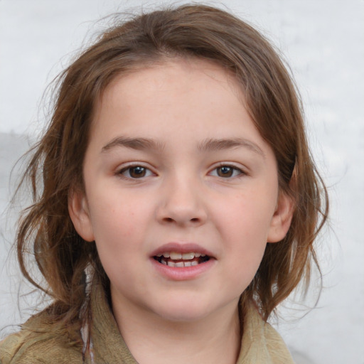 Joyful white child female with medium  brown hair and grey eyes