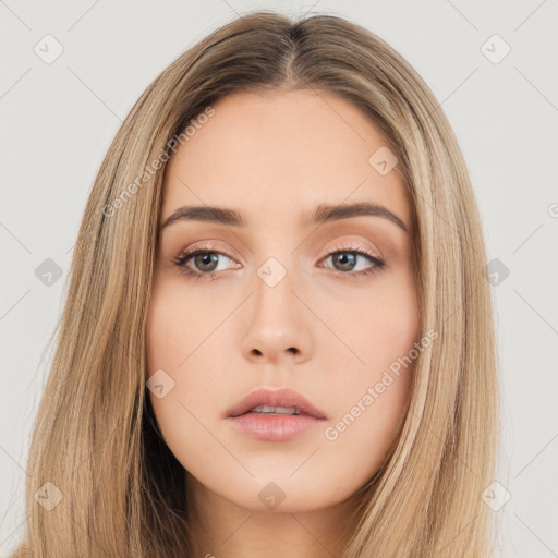 Neutral white young-adult female with long  brown hair and brown eyes