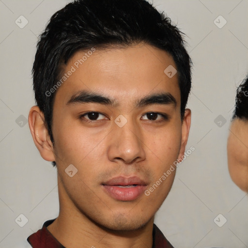 Neutral asian young-adult male with short  brown hair and brown eyes