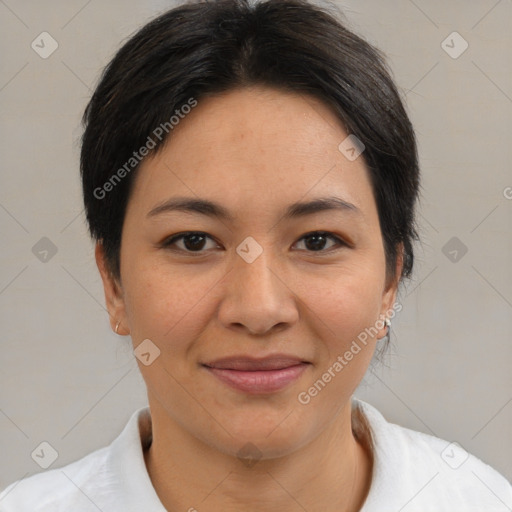 Joyful white young-adult female with medium  brown hair and brown eyes