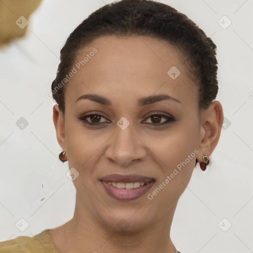 Joyful latino young-adult female with short  brown hair and brown eyes