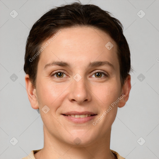 Joyful white young-adult female with short  brown hair and grey eyes