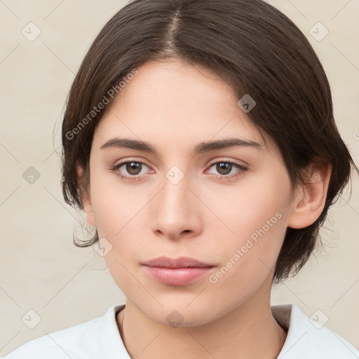 Neutral white young-adult female with medium  brown hair and brown eyes