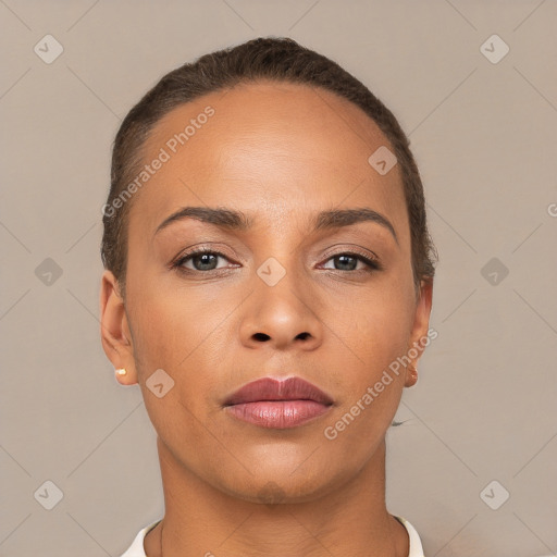 Neutral white young-adult female with short  brown hair and brown eyes