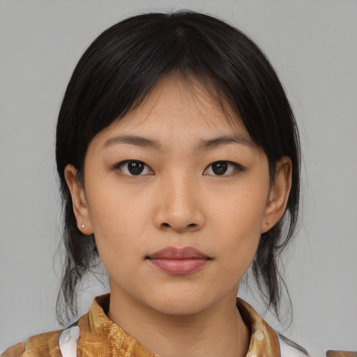 Neutral asian young-adult female with medium  black hair and brown eyes