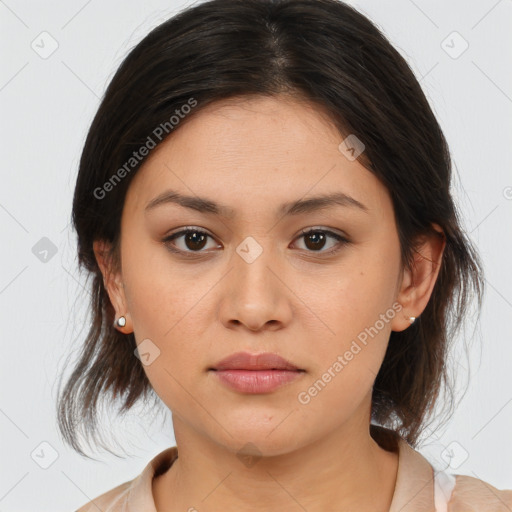 Neutral white young-adult female with medium  brown hair and brown eyes